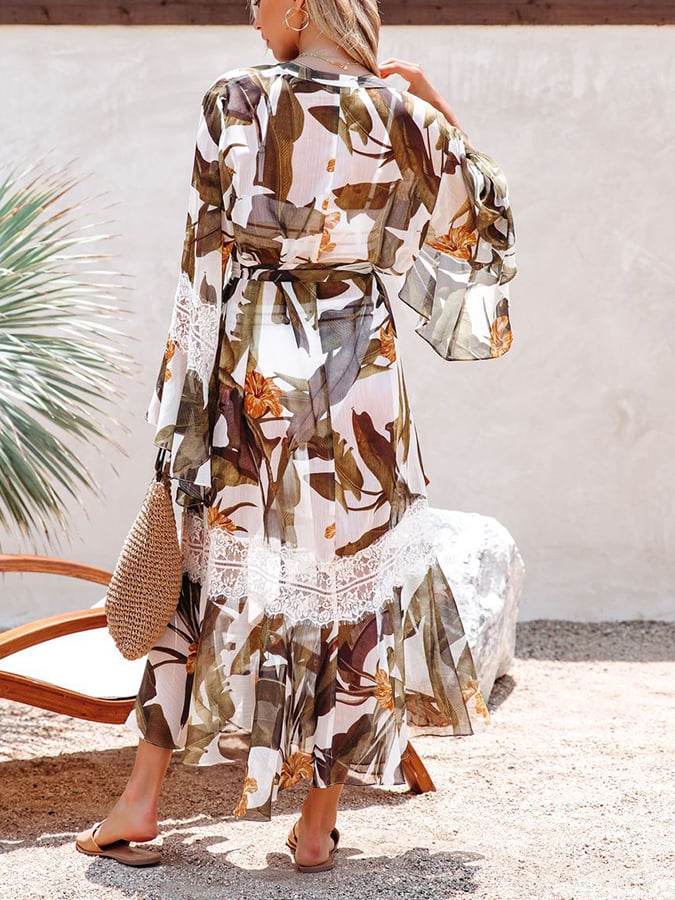 Sexy Irregular Leaf Print With Sunscreen Blouse