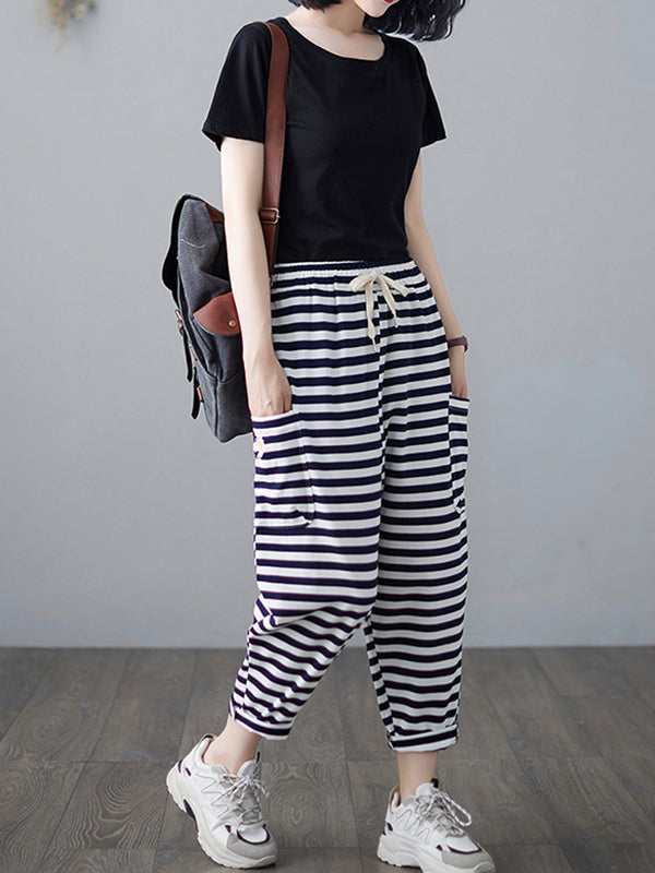 Loose Striped Drawstring Harem Sports Pants