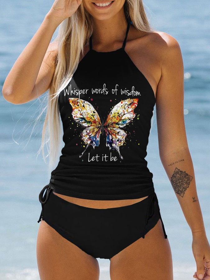 Butterfly Whisper Words Of Wisdom Let It Be Print Lace-Up Bikini Set