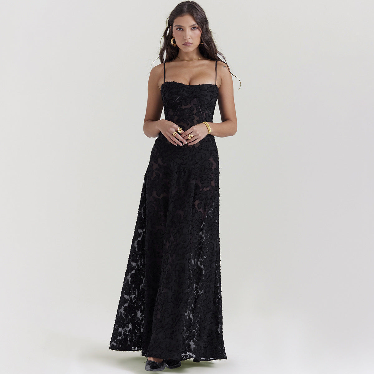 Jessie Floral Jacquard Lace Gothic Party Flowy Slip Maxi Dresses-Black