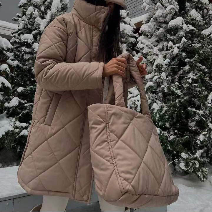 OVERSIZED DIAMOND QUILTED LONG SLEEVE LONGLINE PUFFER JACKET