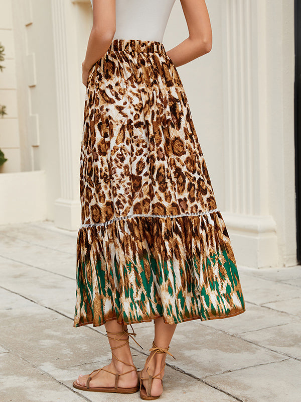 Drawstring Leopard Split-Joint A-Line Loose Skirts Bottoms