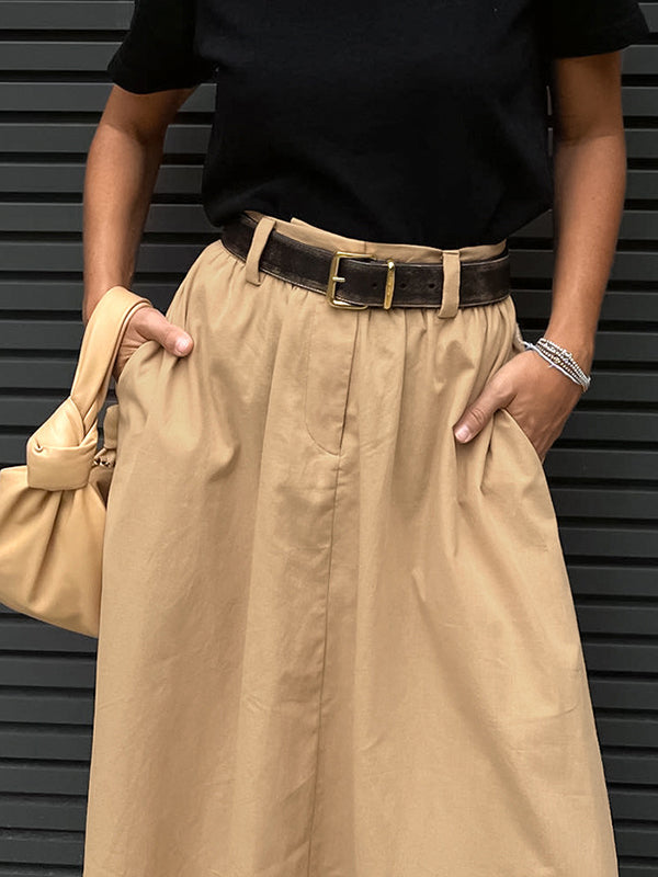 Pockets Solid Color Zipper High Waisted Loose Skirts Bottoms