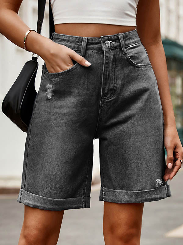 Buttoned Pockets High Waisted Loose Shorts Bottoms Jean Pants Bottoms