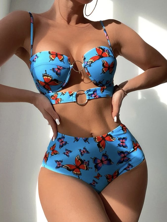 Printed Hard Cup Hollowed Out Split High Waisted Swimsuit