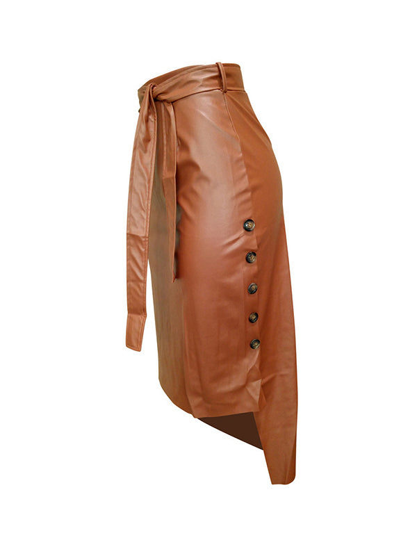 Buttoned Split-Side Tied Waist Bodycon High-Low Skirts Bottoms
