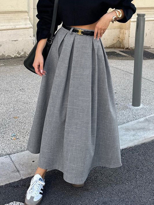 No Belt Pleated Solid Color A-Line High Waisted Skirts Bottoms