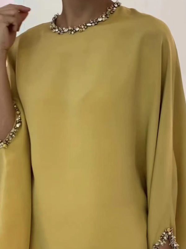 Batwing Sleeves Pearl Solid Color Round-Neck Shirts&Skirts Suits