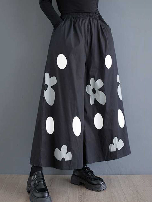 Elasticity Flower Print Pockets Loose Wide Leg Pants Culotte