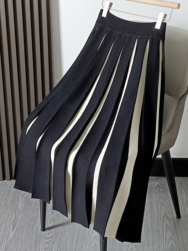 Contrast Color Pleated A-Line Loose Skirts Bottoms