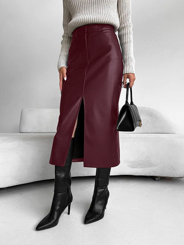 Pockets Solid Color Split-Front Zipper Skinny Wrap Skirts Bottoms