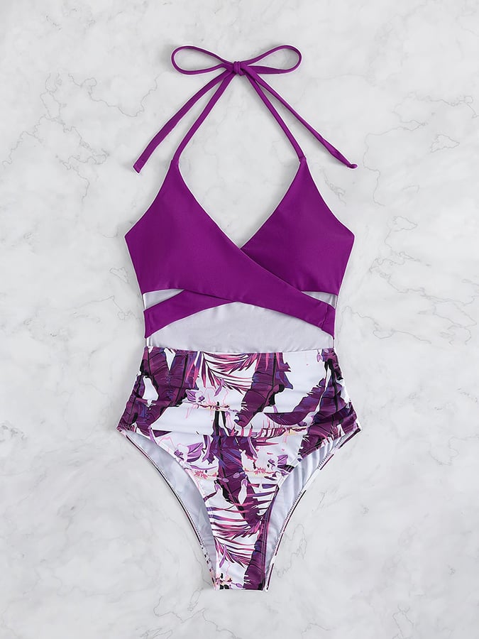 Printed Cross Tie Neck Split Swimsuit