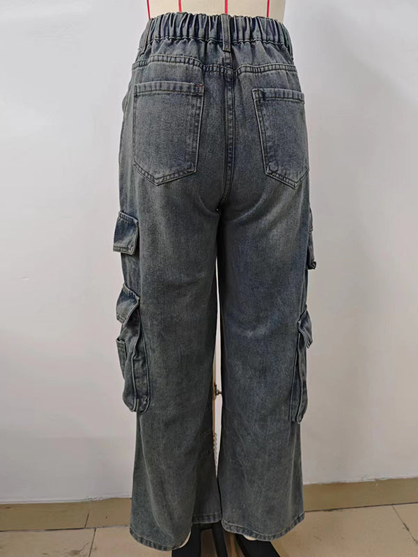 Pleated Pockets Split-Joint Loose Jean Pants Bottoms