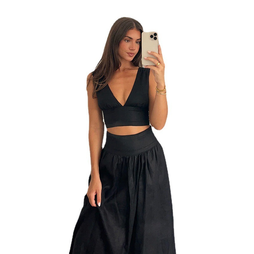 Kai - Solid Tie Knot V-Neck Skirt Set