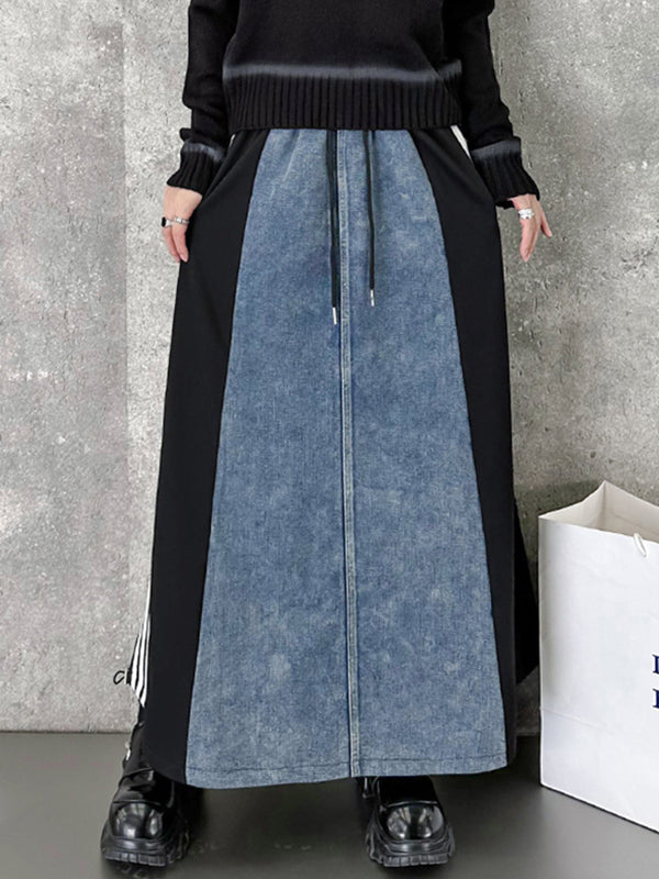 Contrast Color Drawstring Split-Joint Striped A-Line Loose Skirts Bottoms