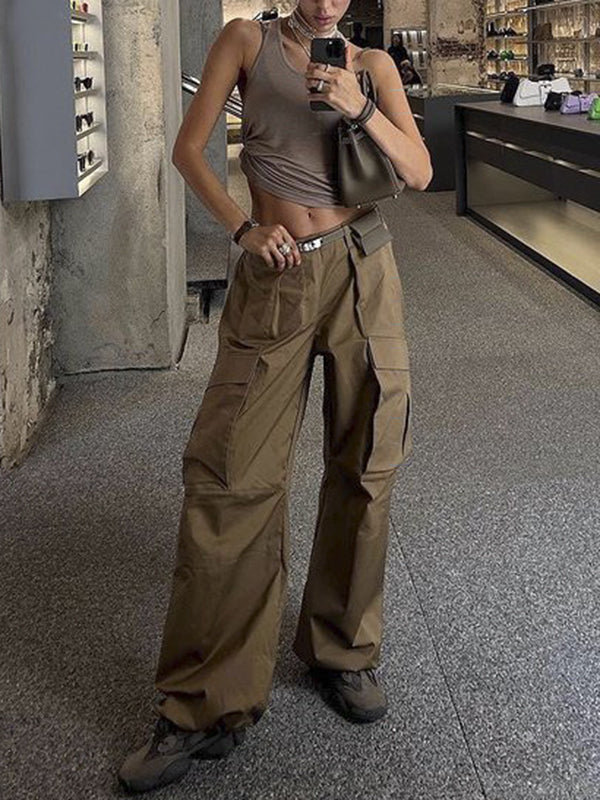 Buttoned Pockets Solid Color Split-Joint Loose Wide Leg Trousers Pants