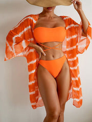 Colorful beach wavy mesh three-piece bikini swimsuit