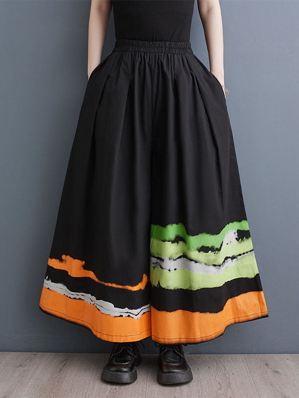 Asymmetric Elasticity High-Waisted Printed Loose Wide Leg Trousers Pants