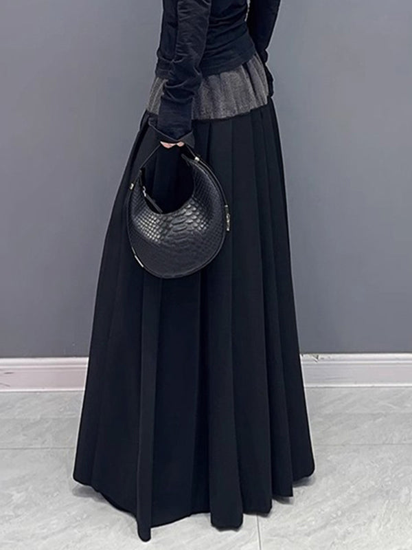Contrast Color Pleated Split-Joint A-Line High Waisted Skirts Bottoms