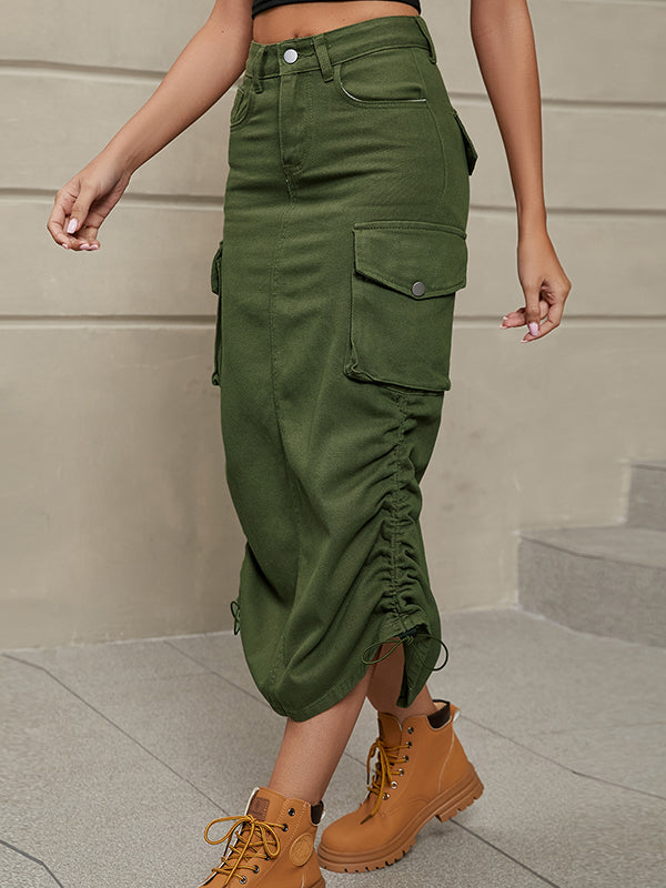 Buttoned Drawstring Pockets Solid Color Split-Side A-Line Skirts Bottoms