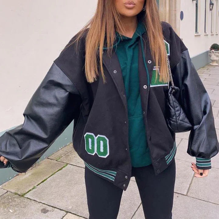 Pu Sleeve Oversized Varsity Jacket