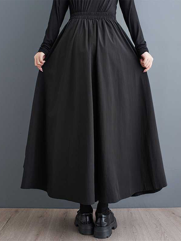 Elasticity Pleated Pockets Solid Color Split-Joint A-Line Loose Skirts Bottoms