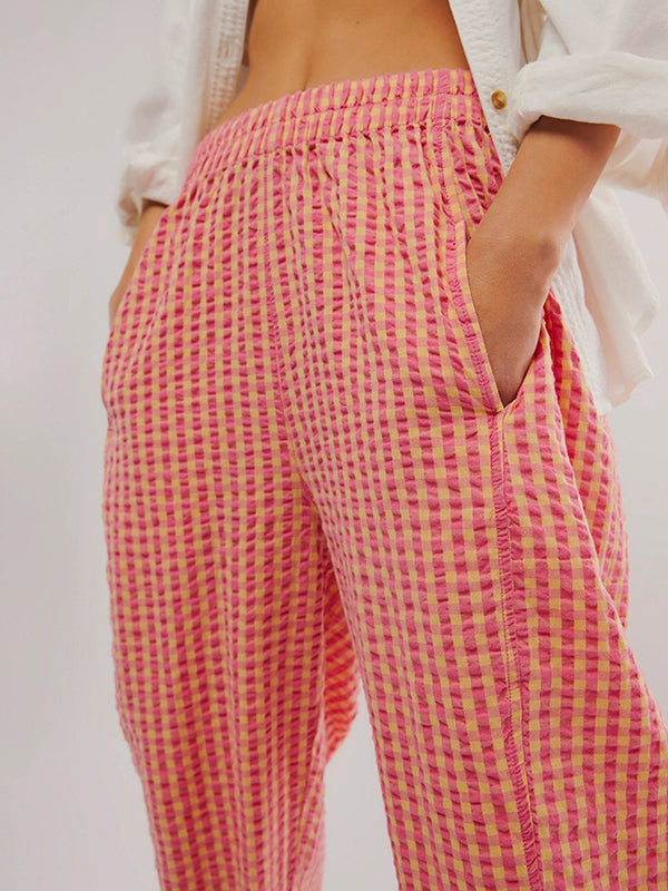 Plaid Pockets Split-Joint Loose Trousers Pants