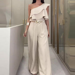 Ivory Ruffle Hem One-Shoulder Jumpsuit