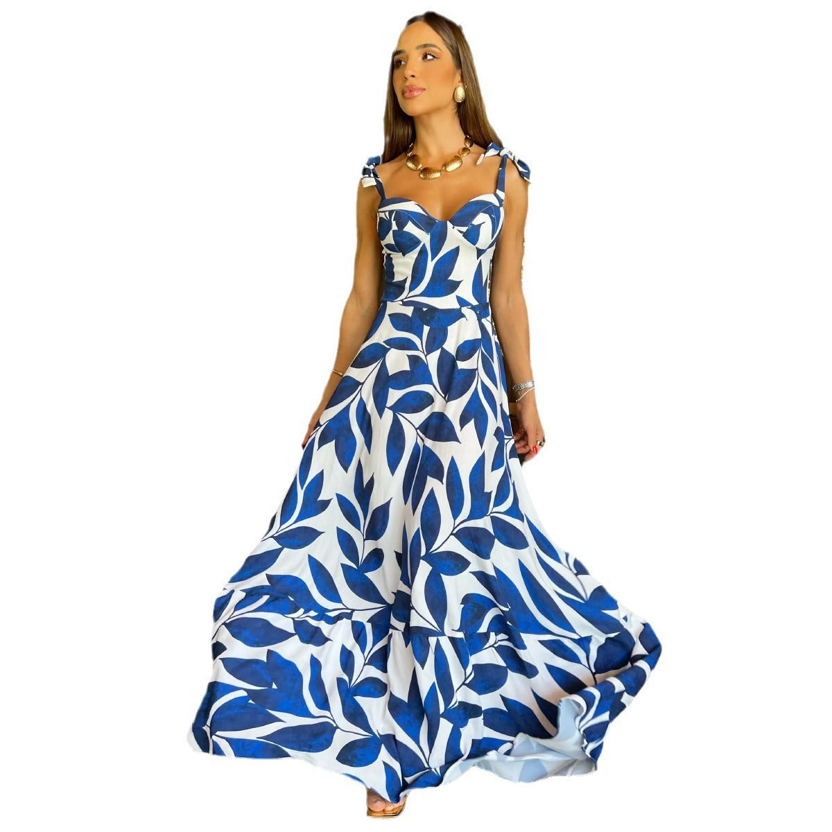 Women's Blue Printed Off-the-shoulder Sling Waist-tight Elegant Long Dress