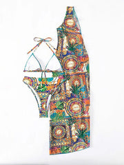 Women's Tropical Print Halter Triangle Bikini Swimsuit With Cover Up