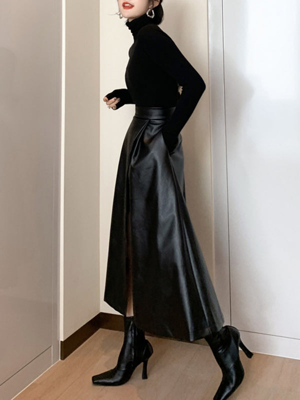 Solid Color Split-Front A-Line Loose Skirts Bottoms