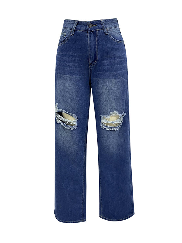 Ripped Loose Straight Leg Jean Pants Bottoms