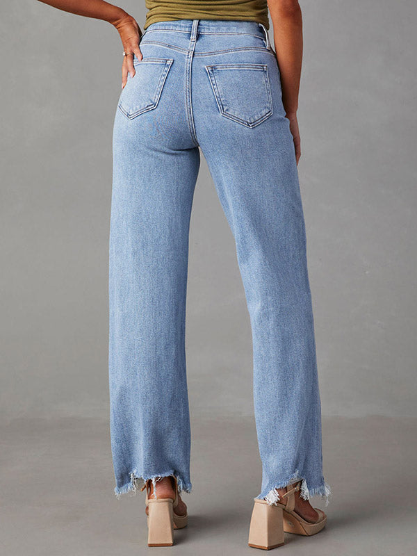 Fringed Split-Joint High Waisted Straight Leg Jean Pants Bottoms