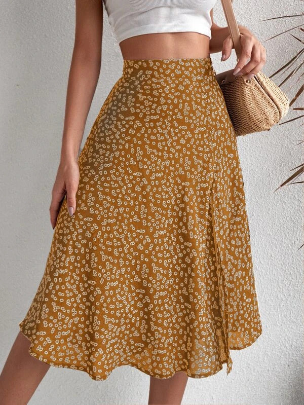 Flower Print Split-side A-line Loose Skirts Bottoms