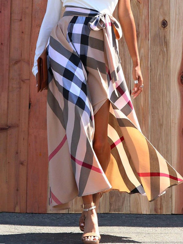 Plaid Split-side Tied Waist High Waisted Loose Skirts Bottoms