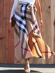 Plaid Split-side Tied Waist High Waisted Loose Skirts Bottoms