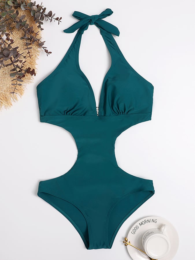 Solid Color Hollowed Out Deep V One Piece Sexy Swimsuit