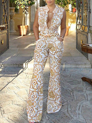 Embroidered Plunging Empire Jumpsuits