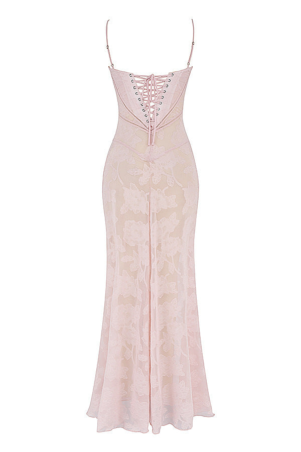 SEREN - SOFT PINK FLORAL LACE BACK MAXI DRESS