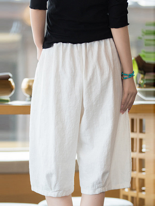 Artistic Retro Loose Ramie Cotton Solid Color Elasticity Shorts