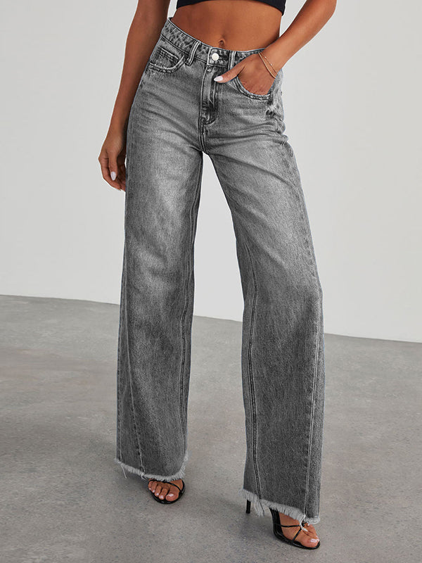 Split-Joint Tasseled High Waisted Wide Leg Jean Pants Bottoms