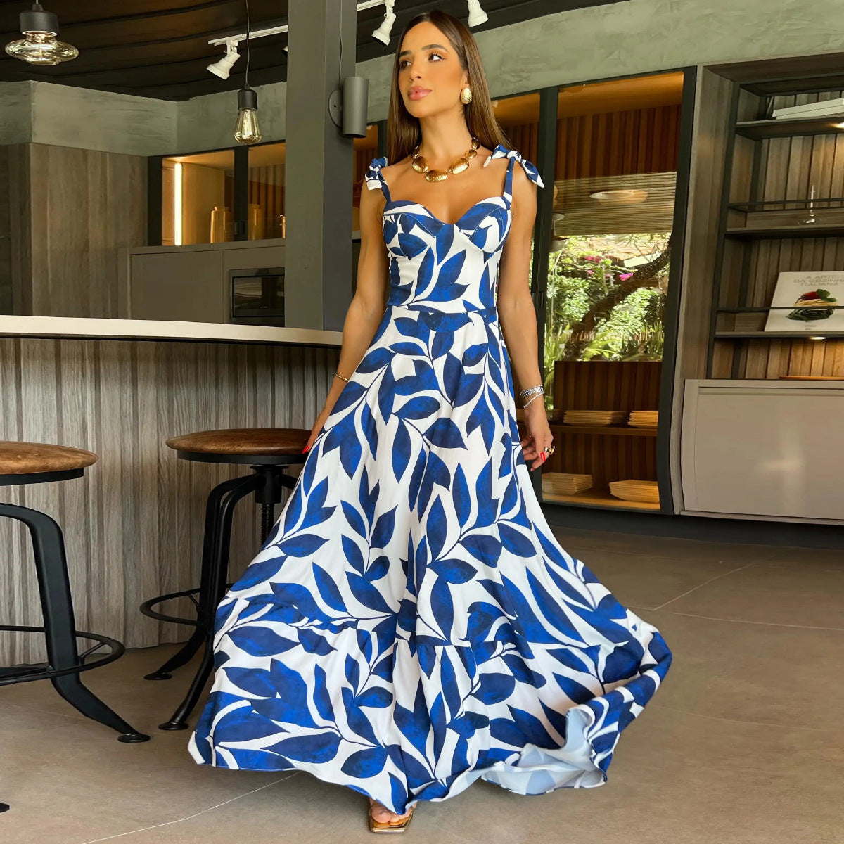 Women's Blue Printed Off-the-shoulder Sling Waist-tight Elegant Long Dress