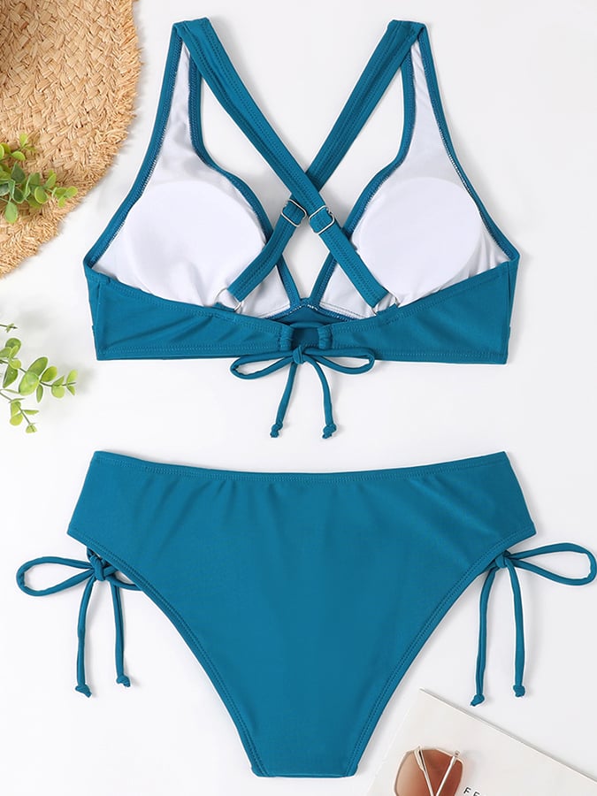 Sexy Split Pure Color Strap Bikini Swimsuit