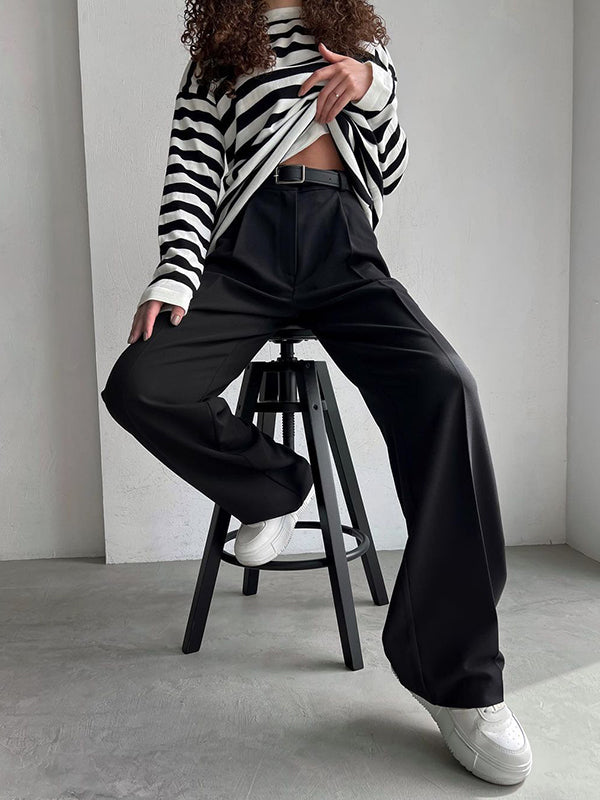 No Belt Solid Color High Waisted Loose Trousers Suit Pants