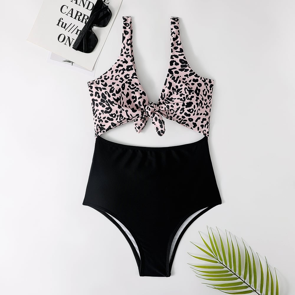 Leopard-Panel High-Waist One Piece Swimsuit