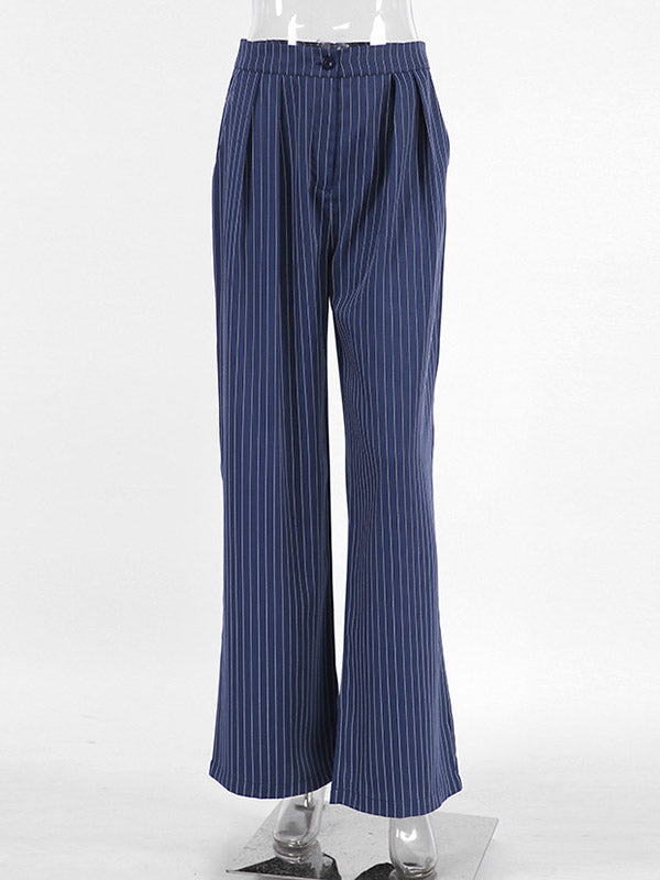 Buttoned Striped High Waisted Wide Pants Trousers Pants