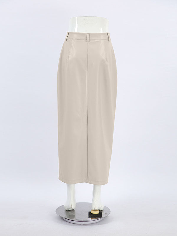 Pockets Solid Color Split-Front Zipper Skinny Wrap Skirts Bottoms