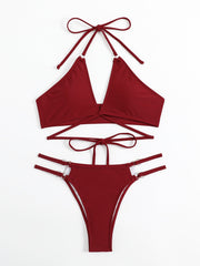 Women's Criss Cross Strap Wine Red Split Bikini