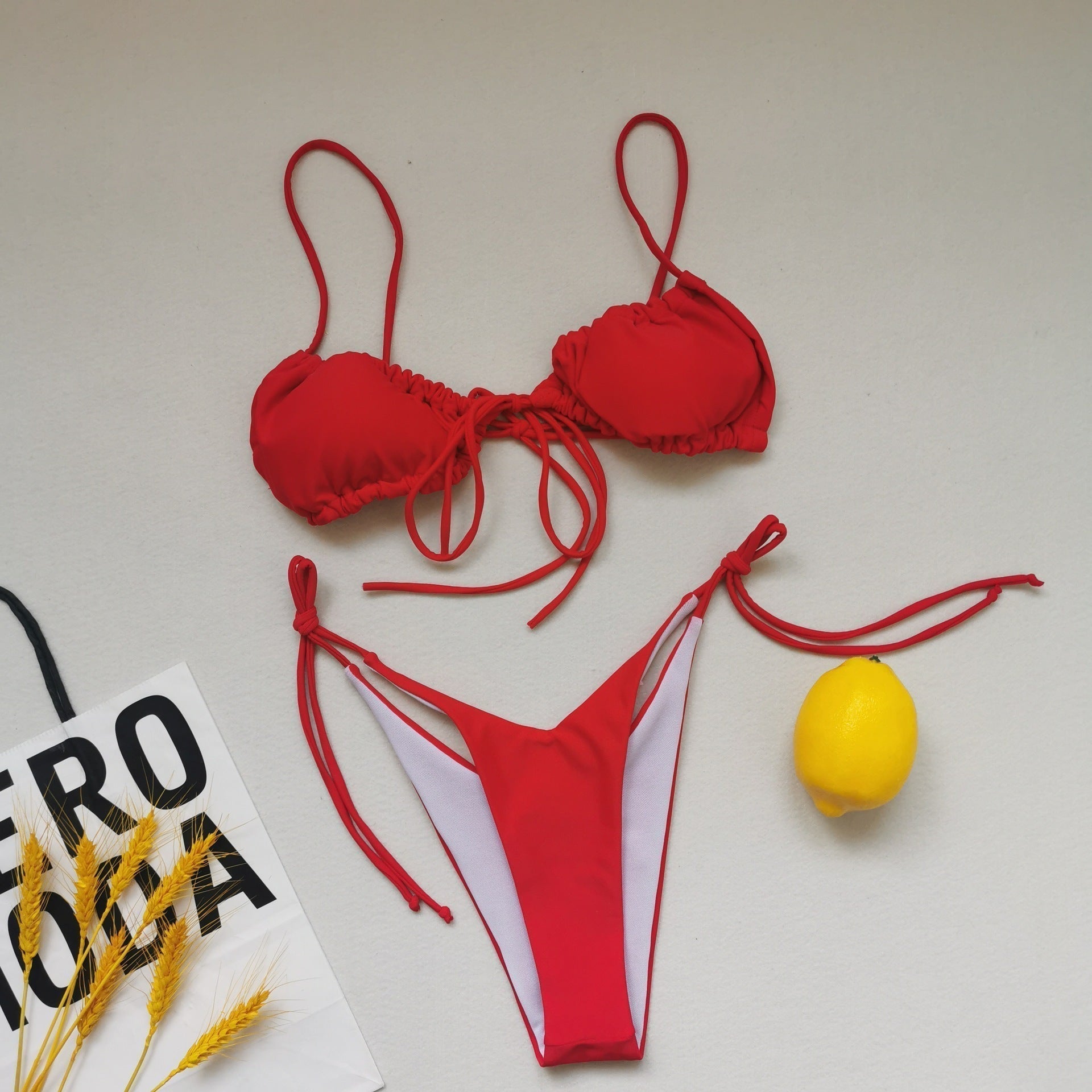 Pleated Sling Bandage Drawstring Bikini