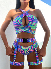 Bikini-Badeanzug mit gekreuzten Trägern und Allover-Print vorne